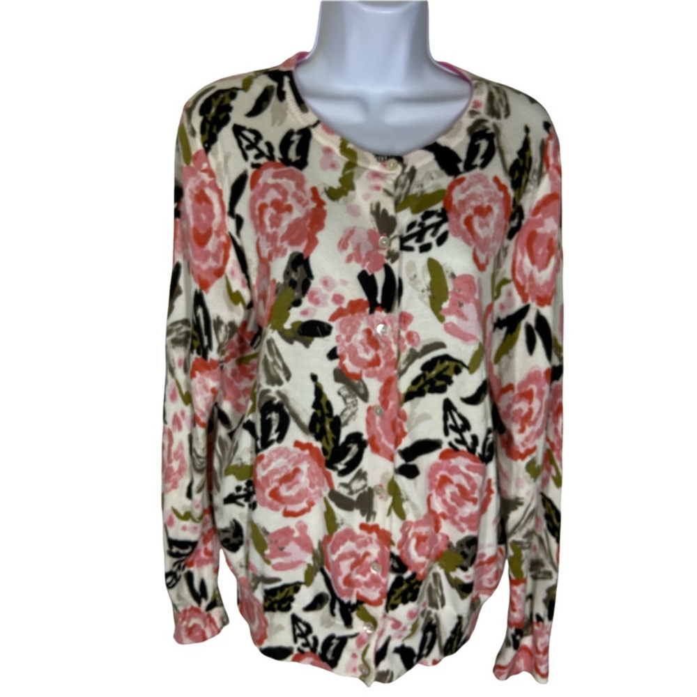 Lands' End Floral Cardigan - Pink and Green